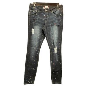 WAM What About Me Straight Jeans Women Blue Distressed Splatter Paint Size 9/10